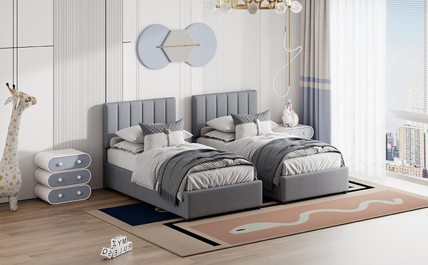 English Elm King Upholstered Hydraulic Storage Bed with Vertical Stripe Headboard, Linen Upholstery, 660lb Capacity Gray SF000285AAE