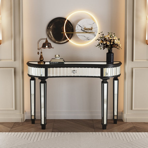 English Elm 47" Half-Moon Mirrored Console Table with Fluted Glass Panels, Crystal Knob Drawer, Chic Vanity Desk Antique Black W1445P322848