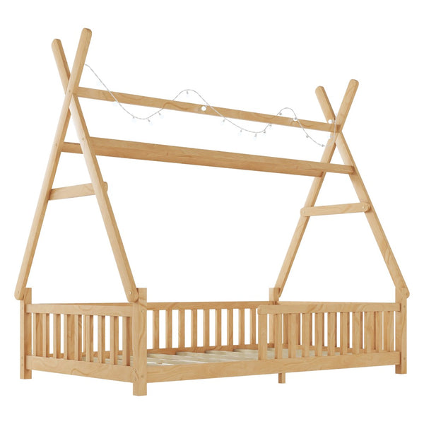 English Elm Twin Montessori Floor Bed House Frame with Led Lighting and Safety Rails for Kids Natural W2593P440573