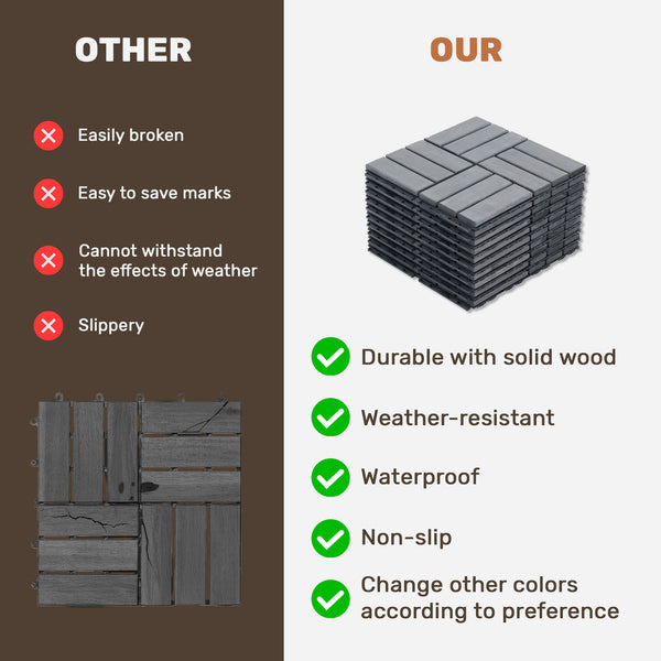 English Elm 30 Interlocking Deck Tiles Checker Pattern 12" x 12" Acacia Hardwood Outdoor Flooring Waterproof, DIY-Friendly, Mold-Resistant Light Gray W2391P288857