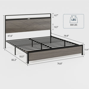 English Elm Bed Frame King Size - Antique Grey Wooden Platform With Led Headboard, Usb Ports & Hidden Storage W636P294977