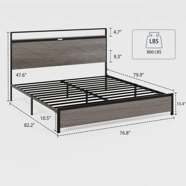 English Elm Bed Frame King Size - Antique Grey Wooden Platform With Led Headboard, Usb Ports & Hidden Storage W636P294977