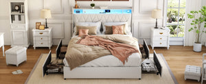 English Elm Queen Metal Platform Bed with Led Lighting Outlets Padded Headboard and Storage Shelf W3107S00005