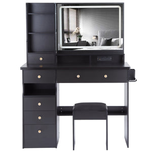 English Elm 41" Large Vanity Table Set With Cushioned Stool, Led Mirror, Power Station, And Stylish Design Features W936P230829