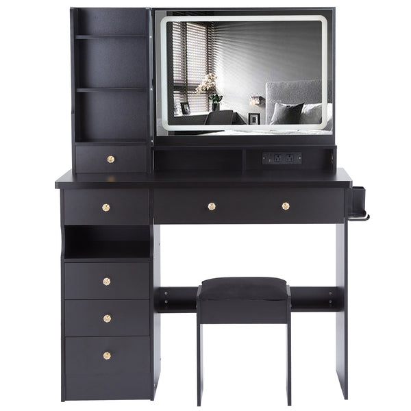 English Elm 41" Large Vanity Table Set With Cushioned Stool, Led Mirror, Power Station, And Stylish Design Features W936P230829