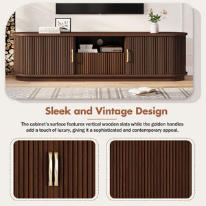 English Elm Vintage Farmhouse Media Console with Slatted Sliding Doors and Brass Hardware for Living Room Walnut N721P427206P