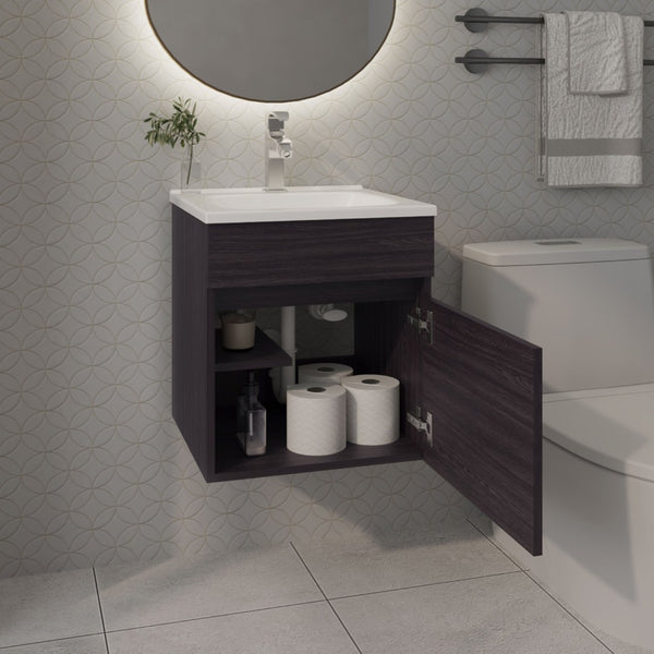 English Elm Wengue Floating Bathroom Vanity With Integrated Sink, Compact Design & Stylish Storage Solution B062P355656-GIGA