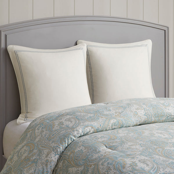JLA Home Harbor House Blue - Cotton Harbor House Chelsea Euro Sham in Ivory Paisley with Blue & Khaki Embroidered Satin-Stitch Border HH11-496
