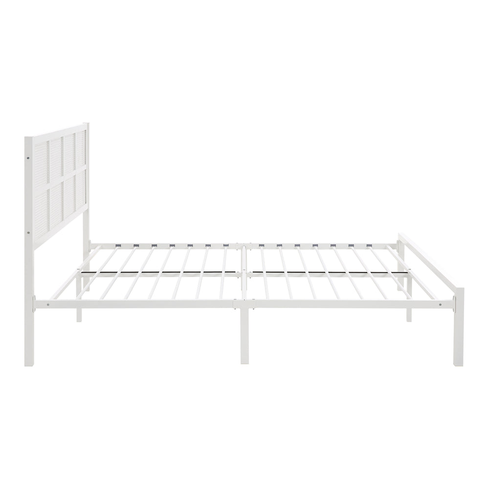 English Elm 1pc Queen Platform Bed Sanibel Metal Frame with Faux Cane Headboard Dark Finish Coastal Chic Design White 66 L x 25 W x 3.75 H B011P214036