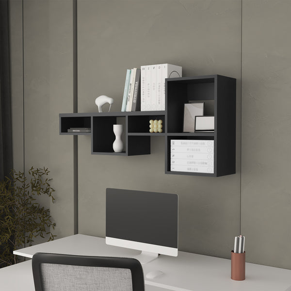 English Elm Globe modern wall-mounted 5-shelf floating unit for living room, office or bedroom storage & display space Black 36.6 L x 11.02 W x 4.3 H B128P237186