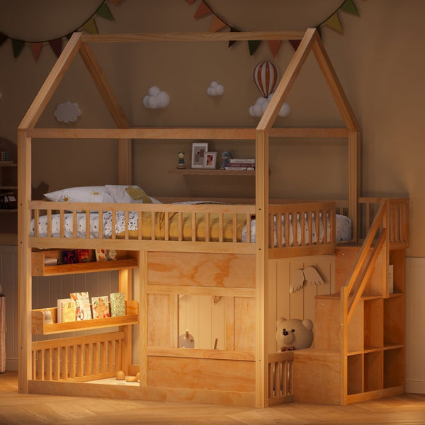 English Elm Full Size Solid Wood House Bed with Led Shelf Lighting for Kids Bedroom Natural N7500005026N