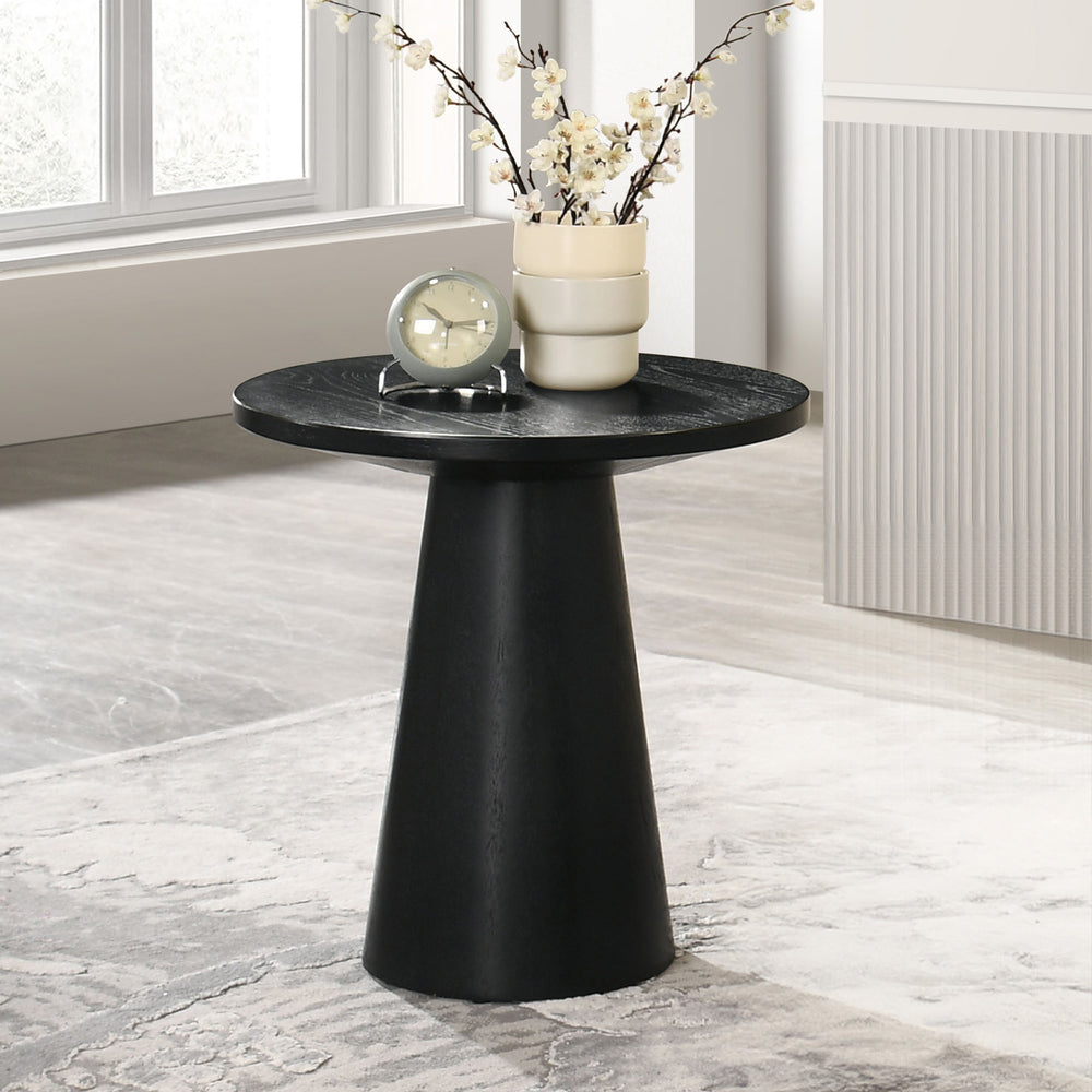 English Elm Unique Cone Base Pedestal End Table Contemporary Round Accent Table Rubberwood & Veneer Durability Black 24 L x 24 W x 4 H B2741S00444