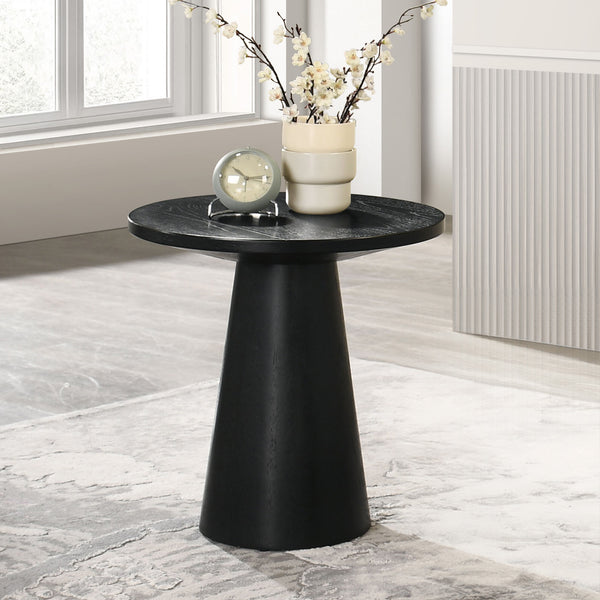 English Elm Unique Cone Base Pedestal End Table Contemporary Round Accent Table Rubberwood & Veneer Durability Black 24 L x 24 W x 4 H B2741S00444