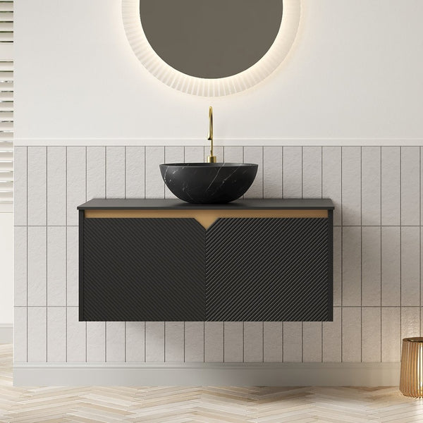 English Elm Dina Floating Bathroom Vanity Sintered Stone Top Glass Basin Striped Plywood Cabinet W2615S00524