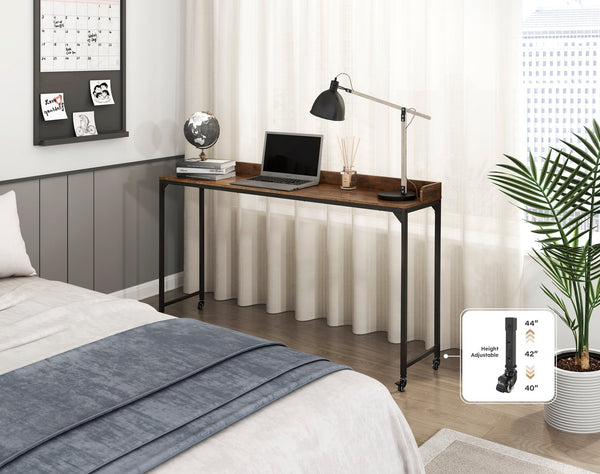 English Elm Rustic Overbed Desk with Adjustable 40-44" Height, Brown Faux Wood Top, Metal Caster Legs for Bedworking B011P244981