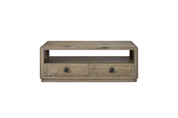 English Elm English Knotty Oak Veneer Cocktail Table with Two Drawers and Open Shelf Storage B2699P424780