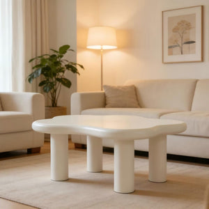 English Elm 40-inch Cloud Shaped Coffee Table Sculptural Mdf Top with Tapered Legs for Living Rooms White W3935S00003