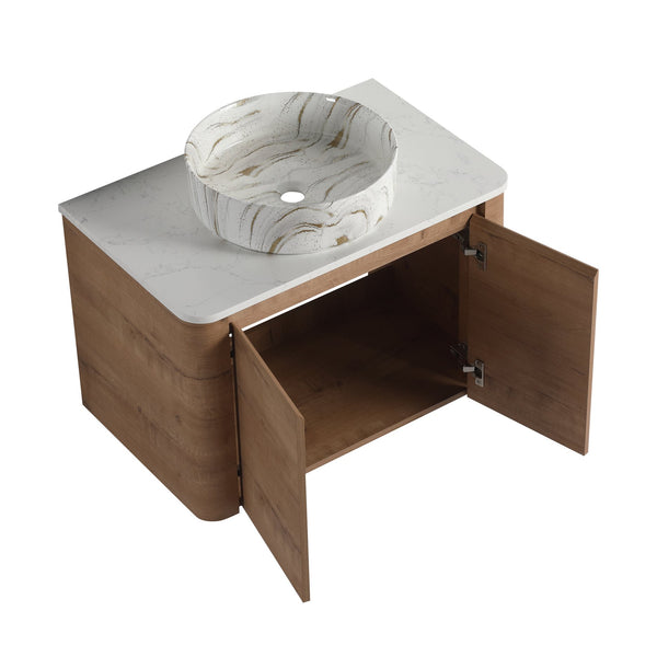 English Elm 30'' Wall-Mounted Bathroom Vanity With Ceramic Sink, Soft-Close Doors & Stylish Space-Saving Design W999S00389