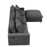 English Elm 128" Sectional Sofa Cloud Sofa Chenille Upholstered Sofa Couch With Movable Ottoman, Comfortable Seat Cushions, Charging Ports and Three Back Pillows For Living Room, Grey