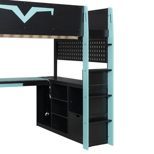 English Elm Full Size Gaming Loft Bed with Desk Rgb Lighting Power Outlet and Storage Drawer Blue LT000285AAC