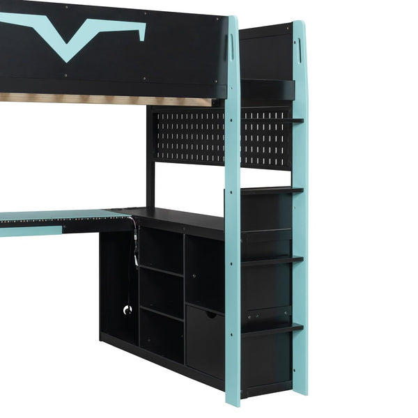 English Elm Full Size Gaming Loft Bed with Desk Rgb Lighting Power Outlet and Storage Drawer Blue LT000285AAC