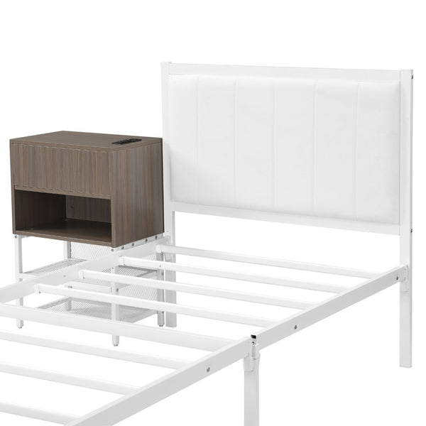 English Elm Twin Metal Platform Bed With Cushioned Footrest, Two-Tier Shelves & Wooden Storage Cabinet, White N737P199330K-GIGA