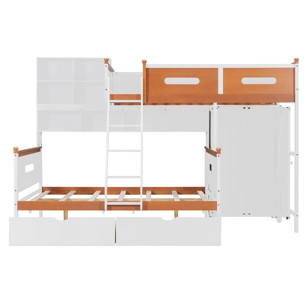English Elm Twin Over Full Wooden Bunk Bed With Stylish Storage, Led Light, Drawers, And Wardrobe In White & Orange N820S00063K-GIGA