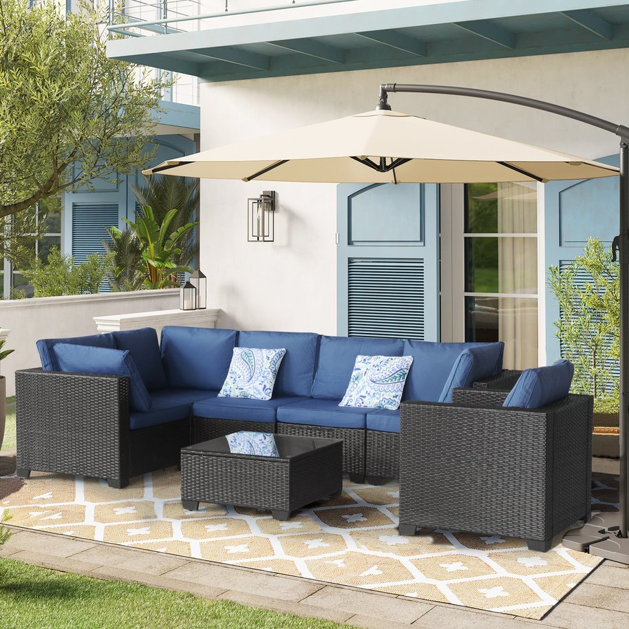 English Elm 7 Pieces Outdoor Sectional Set - Dark Blue PE Rattan Patio Sofa with Glass Table, Cushions, Modular Plan W813S00005