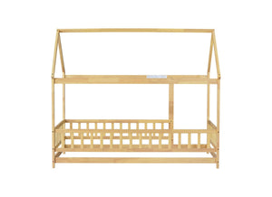 English Elm Twin Size House Floor Bed With Roof Frame & Safety Guardrails - Cozy & Imaginative Playtime Haven W504P286404-GIGA