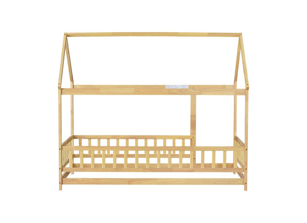 English Elm Twin House Shaped Floor Bed Solid Rubberwood Frame with Guardrails for Kids W504P370545