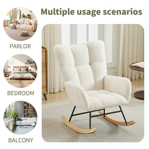 English Elm Modern Teddy Upholstered Rocking Glider Chair with High Backrest and Solid Wood Legs for Nursery Comfort White W2725P213398