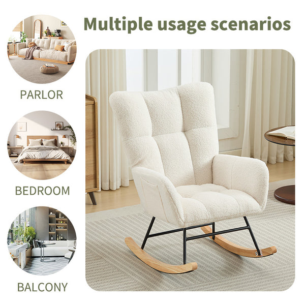 English Elm Modern Teddy Upholstered Rocking Glider Chair with High Backrest and Solid Wood Legs for Nursery Comfort White W2725P213398