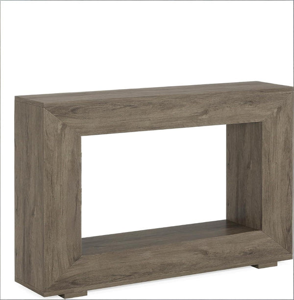 English Elm Entryway Console Table with Sculptural Stacked Wood Panels and Open Arc Base T3971P451473
