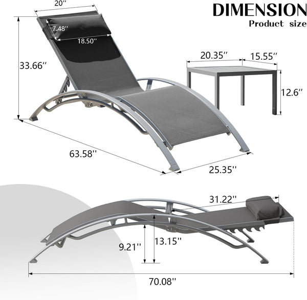 English Elm Pool Aluminum Chaise Lounge Set with Breathable Textilene, 5-Position Ergonomic Seats & Table Dark Gray W1859P321398