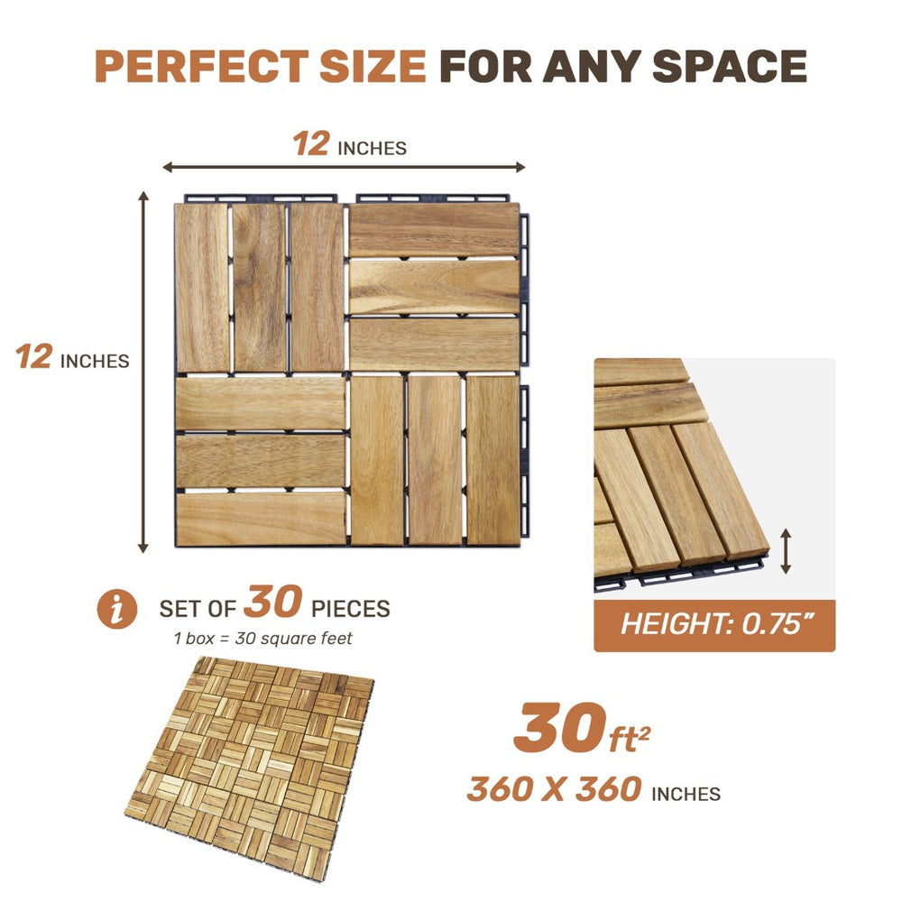 English Elm 30 Piece Interlocking Acacia Hardwood Deck Tiles Checker Pattern Outdoor Patio Flooring W2391P160548