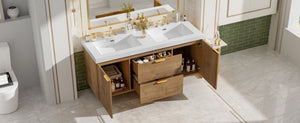 English Elm [video]59.3 Inch Wall Mounted Double Sink Vanity Wood Grain Mdf Soft Close Storage N729P000027N