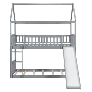English Elm Twin Over Solid Wood House Bunk Bed with Built-in Slide and Gray Finish LT100213AAE-1