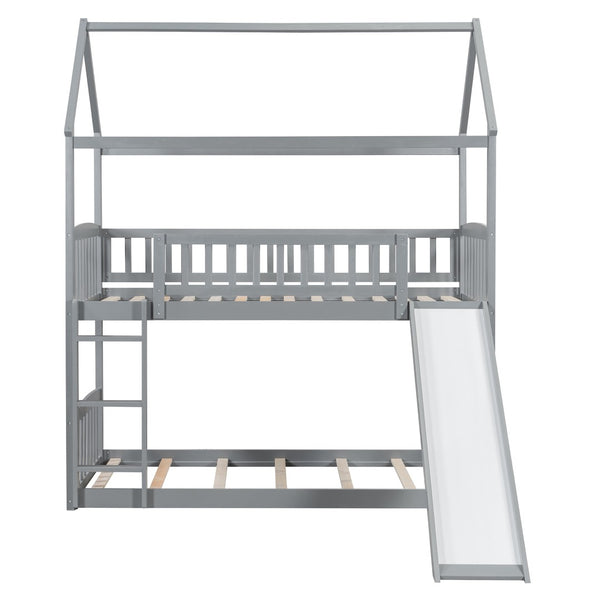 English Elm Twin Over Solid Wood House Bunk Bed with Built-in Slide and Gray Finish LT100213AAE-1