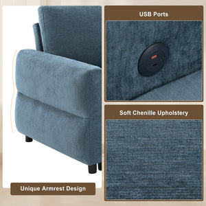 English Elm Convertible Chenille Sleeper Loveseat with Usb Ports and Reclining Backrest for Small Spaces Blue N719P390439C