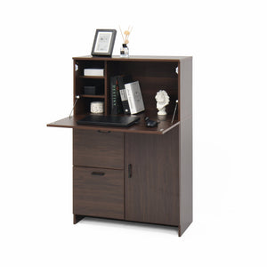 English Elm Desk Walnut Fold-Up Cabinet with Drawer & Shelves — Space-Saving Desk for Home Office Dorms, 31.5" W409P171382