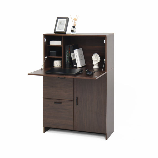 English Elm Desk Walnut Fold-Up Cabinet with Drawer & Shelves — Space-Saving Desk for Home Office Dorms, 31.5" W409P171382