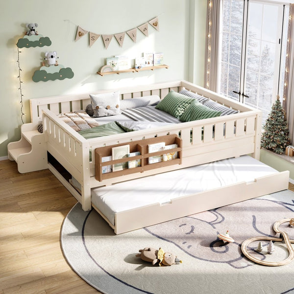 English Elm Twin Kids Platform Bed with Trundle Staircase Bookshelf and Rounded Safety Rails Beige W1580S00559