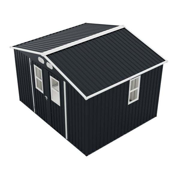 English Elm Outdoor Metal Storage Shed 8x10 with Four Windows Lockable Doors Waterproof Steel W1598S00038