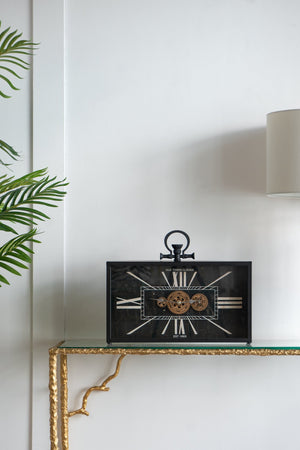 English Elm 17.5x3x13" Vintage Black & Gold Gear Table Clock with Silent Glass Casing, Roman Numerals, Steampunk Charm W2078P373015