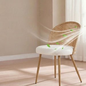 English Elm Round Wood Table and Four Wicker Chairs Bohemian Dining Set with Beige Cushions W3590S00024
