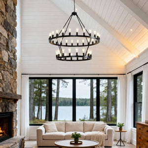 English Elm 47.24 Inch Matte Black Wagon Wheel Chandelier 36 Light Farmhouse Metal Fixture W5008P389243