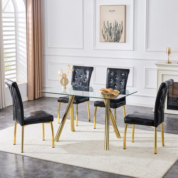 English Elm 51-inch Tempered Glass Rectangular Dining Table Electroplated Metal Base Open Plan Gold W3875S00003