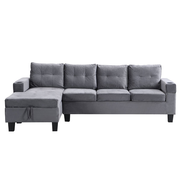 English Elm Sectional PU Sofa Set with L-Chaise, Built-In Cup Holders, Thick Foam Cushions, Modern 4-Seater Comfort Grey 69.29 L x 33.46 W x 13.78 H W2297S00011