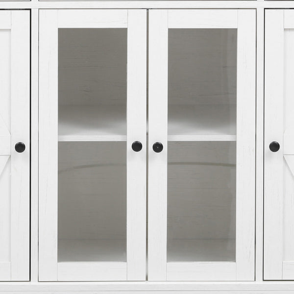 English Elm K&K 53" Farmhouse Kitchen Island with Drop Leaf, Tempered Glass Doors, Power Outlet, Rolling Cart White N707P263637W