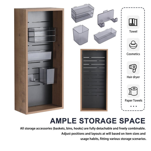 English Elm 12'' Wall Mounted Plywood Storage Cabinet Open Doorless Design with Frosted Bins for Bath W999P470287